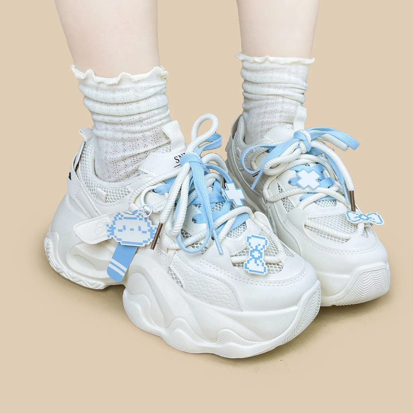 Blue Pixel Cat Cloud Chunky Sneakers - Unisex - Image 7