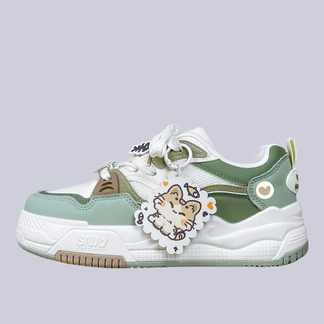*CLEARANCE* Chubby Neko Matcha Cat & Fish Charm Sneakers - Women's
