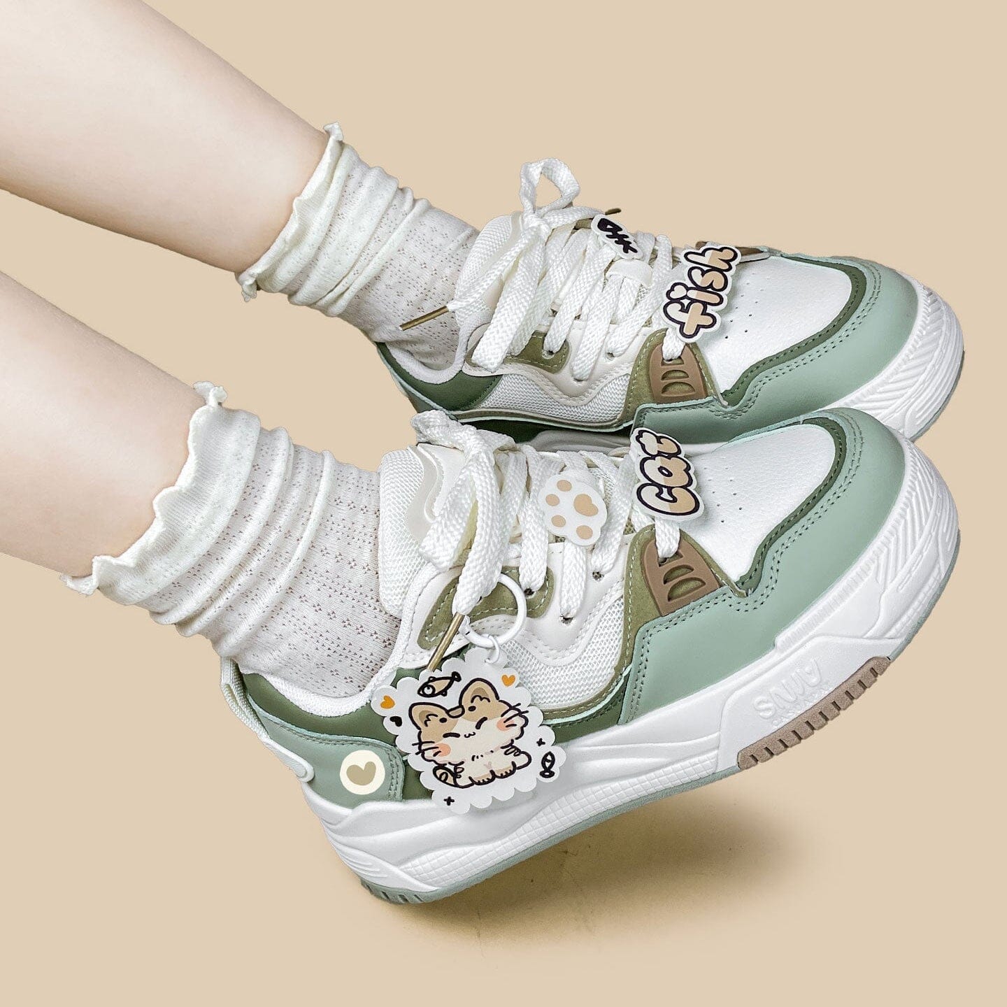 *CLEARANCE* Chubby Neko Matcha Cat & Fish Charm Sneakers - Women's - Image 10