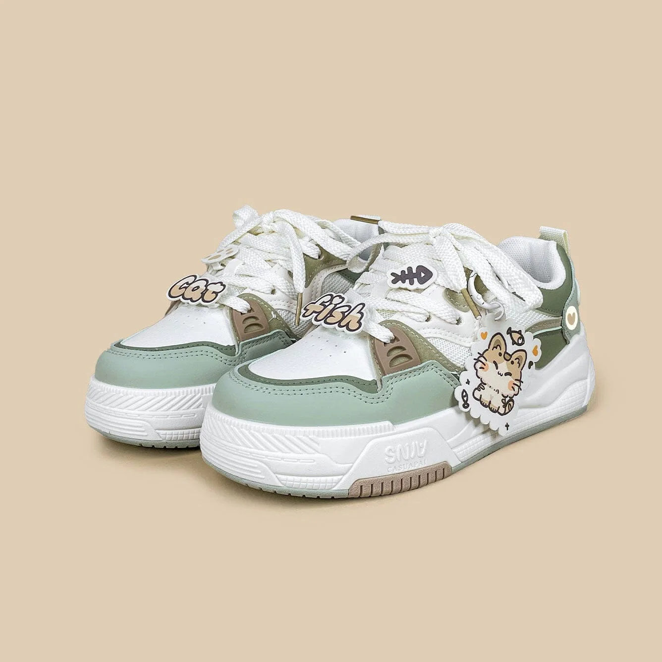 *CLEARANCE* Chubby Neko Matcha Cat & Fish Charm Sneakers - Women's - Image 2