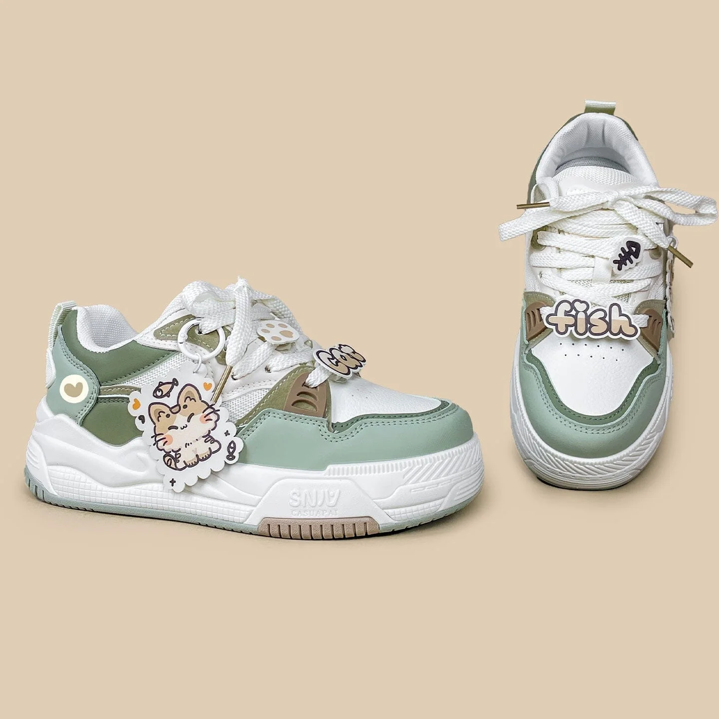 *CLEARANCE* Chubby Neko Matcha Cat & Fish Charm Sneakers - Women's - Image 4