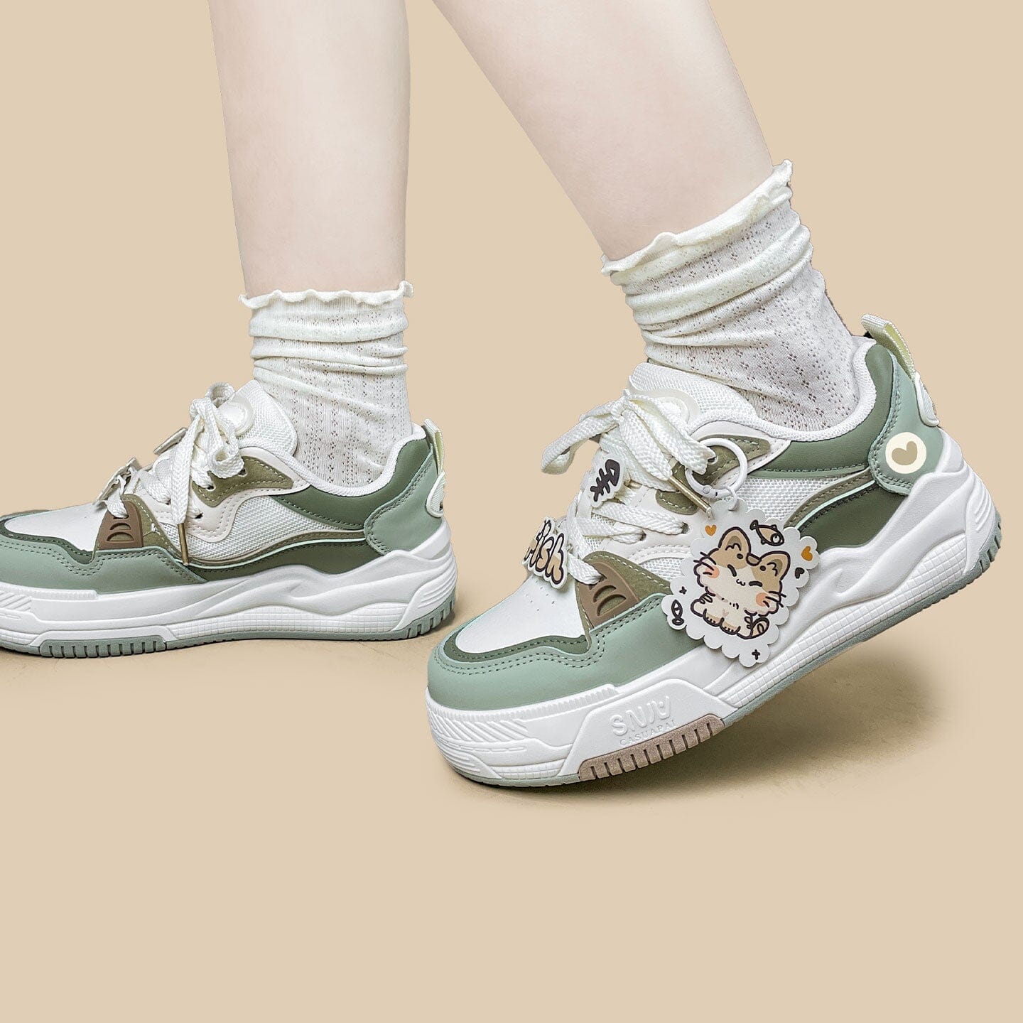 *CLEARANCE* Chubby Neko Matcha Cat & Fish Charm Sneakers - Women's - Image 6
