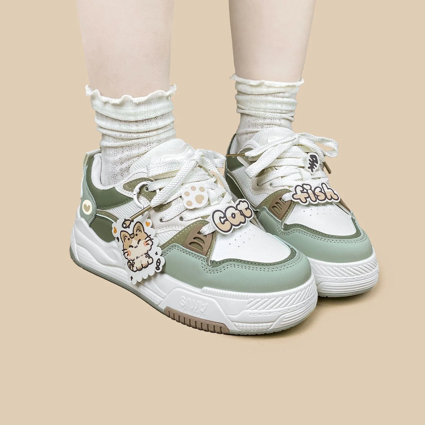 *CLEARANCE* Chubby Neko Matcha Cat & Fish Charm Sneakers - Women's - Image 7