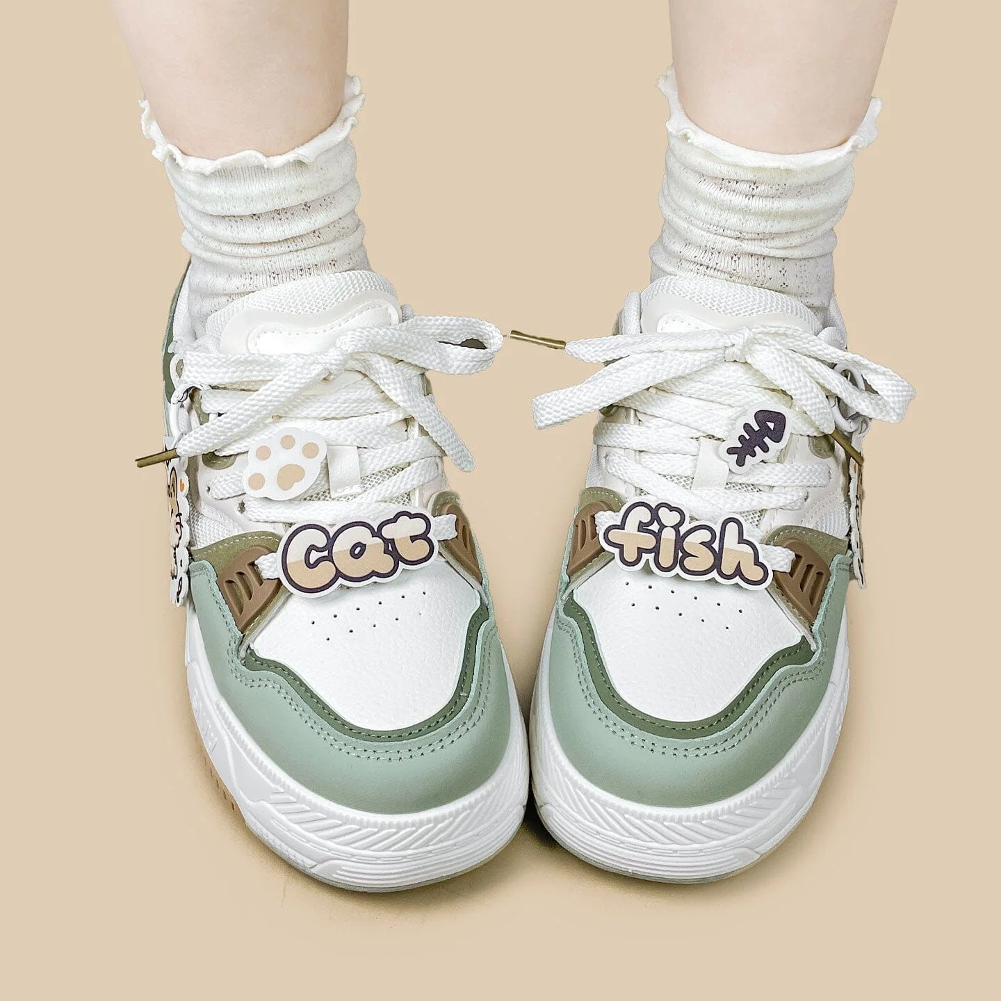 *CLEARANCE* Chubby Neko Matcha Cat & Fish Charm Sneakers - Women's - Image 9